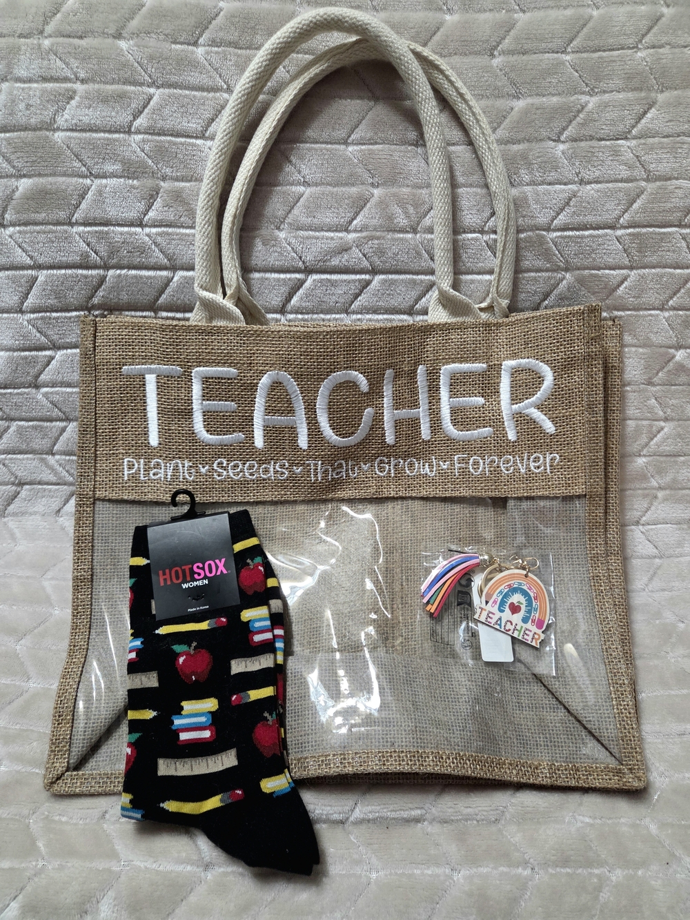 New Teacher Jute Tote Bag, Socks & Keychain Lot